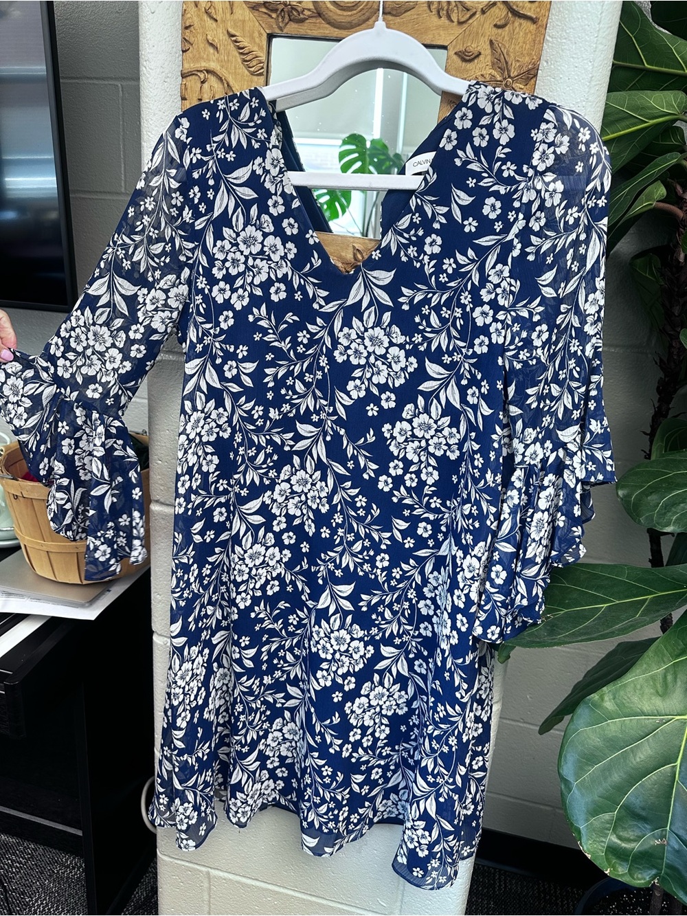 Calvin Klein Navy Blue & White Floral Long Sleeve Dress